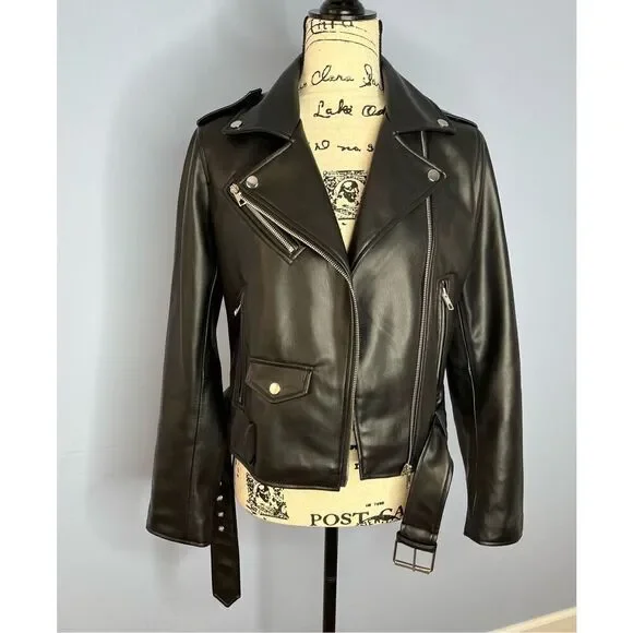 Zara US Medium Black Faux Leather Motorcycle Moto Jacket Pockets - Picture 2 of 13